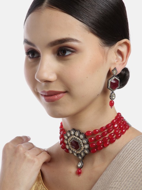 

Melani Borsa Red & Gunmetal-Toned Gold-Plated Kundan-Studded Beaded Jewellery Set