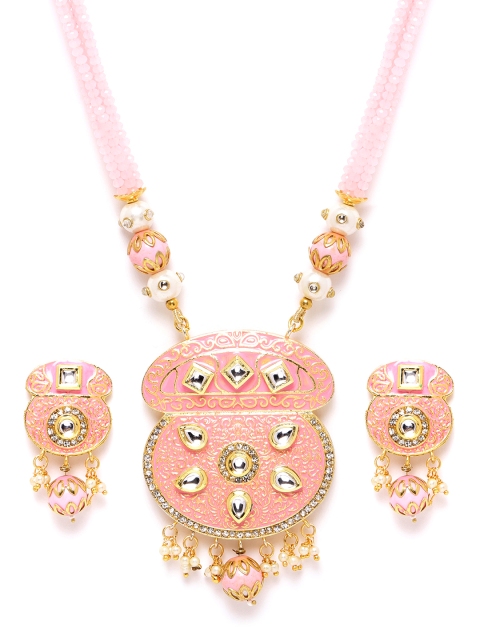 

Melani Borsa Pink Gold-Plated Kundan Studded & Beaded Enamelled Jewellery Set