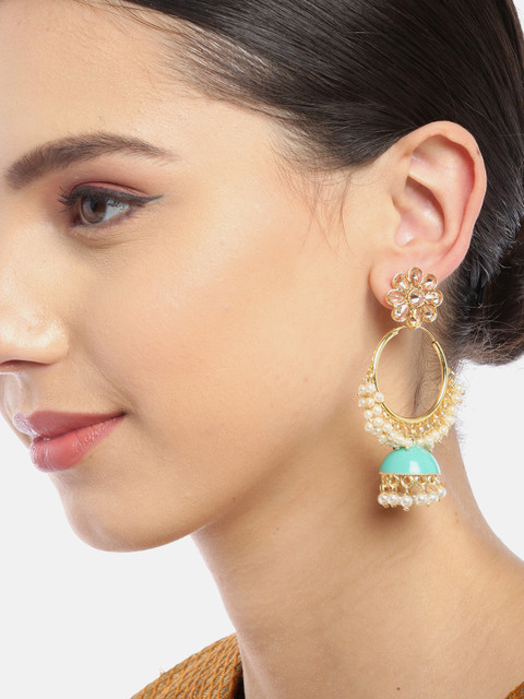 

Melani Borsa Turquoise Blue Gold-Plated Kundan Studded & Beaded Handcrafted Jhumkas