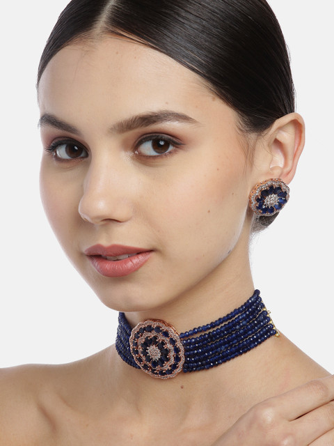 

Melani Borsa Navy Blue Rose Gold-Plated CZ Studded & Beaded Jewellery Set