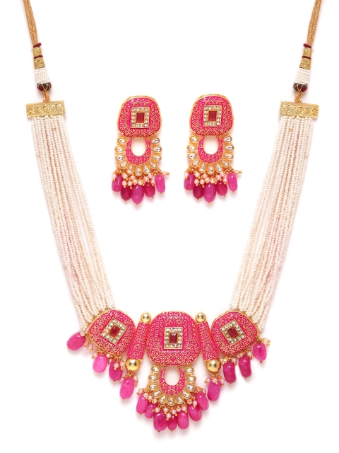 

Melani Borsa Pink & Off-White Gold-Plated Kundan & Beaded Enamelled Jewellery Set
