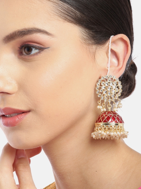 

Melani Borsa Red Gold-Plated Kundan Handcrafted Dome Shaped Jhumkas with Ear Chains