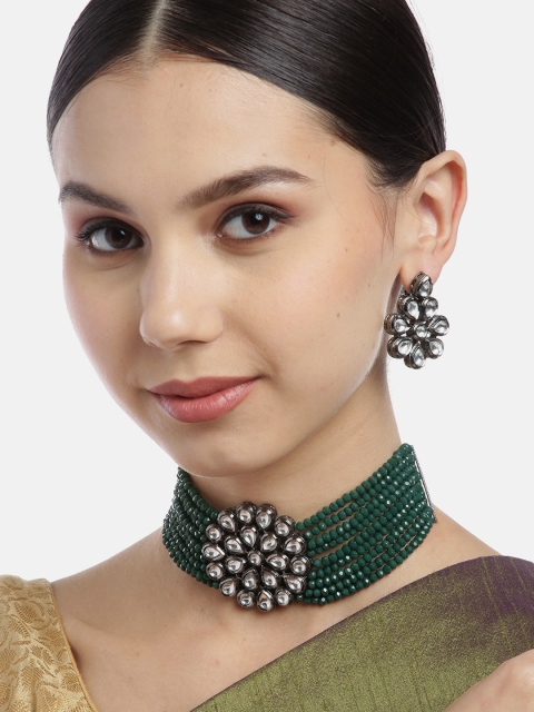 

Melani Borsa Green & Gun-Metal Toned Rhodium-Plated Kundan Studded & Beaded Jewellery Set