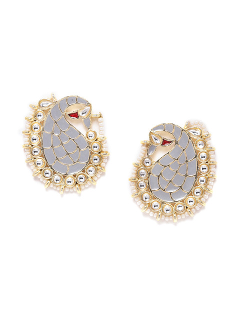 

Melani Borsa Grey Gold-Plated Kundan Studded Enamelled Peacock Shaped Drop Earrings
