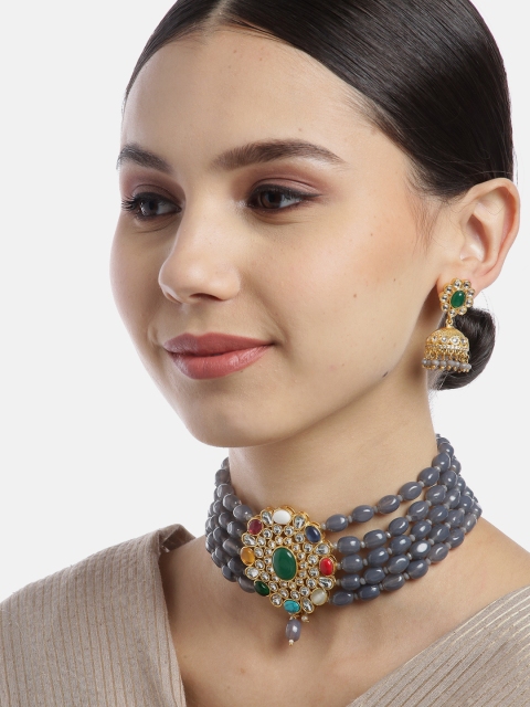 

Melani Borsa Grey & Green Gold-Plated Kundan-Studded Beaded Jewellery Set