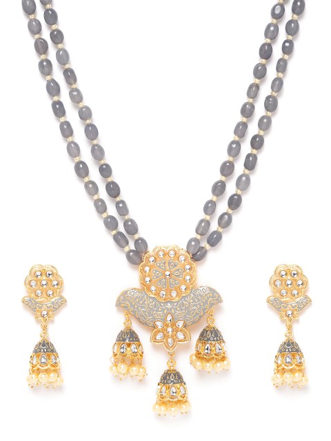 

Melani Borsa Grey Gold-Plated Kundan-Studded Enamelled Beaded Jewellery Set