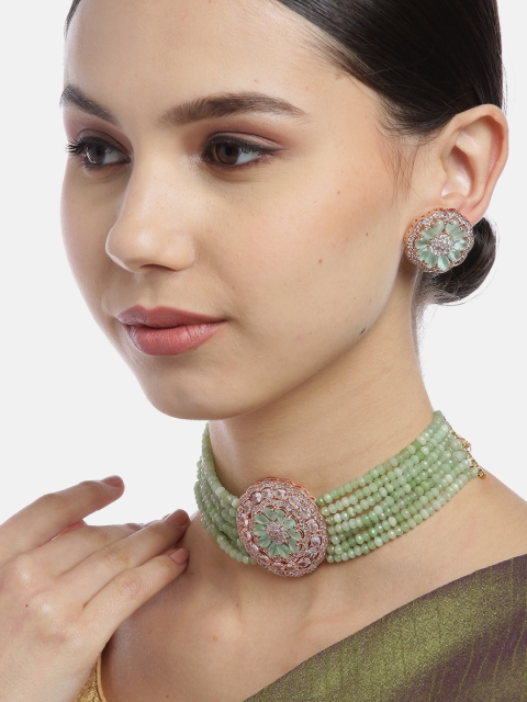 

Melani Borsa Mint Green Rose Gold-Plated CZ-Studded & Beaded Jewellery Set