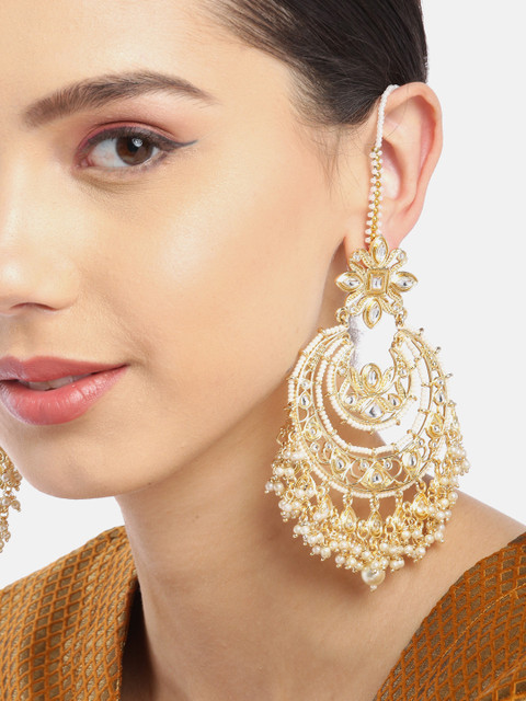 

Melani Borsa Off-White Gold-Plated Handcrafted Kundan-Studded Chandbalis with Ear Chains