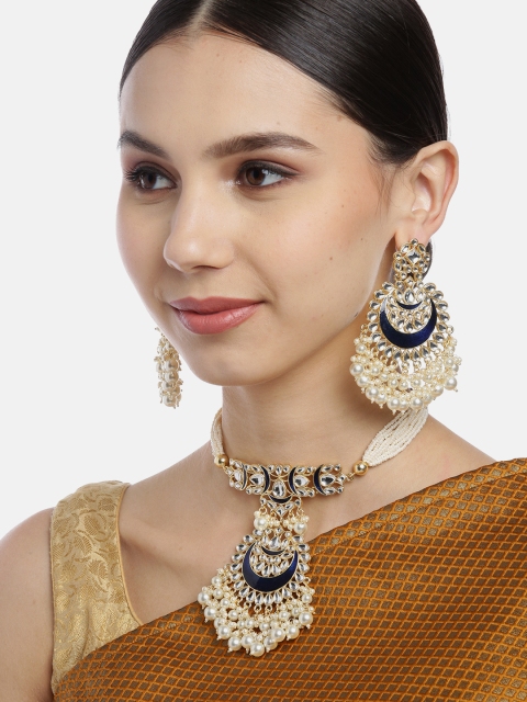 

Melani Borsa Navy & Off-White Gold-Plated Kundan Studded & Beaded Enamelled Jewellery Set, Blue