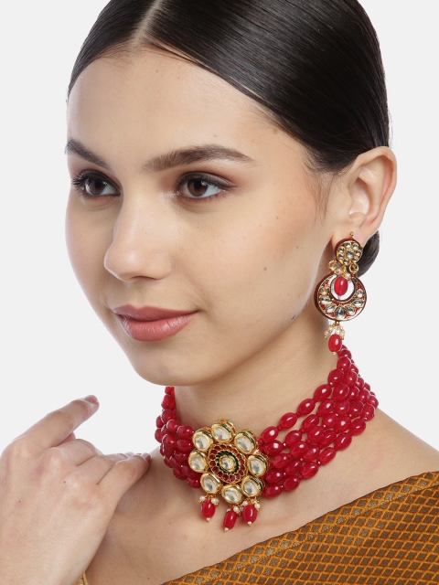 

Melani Borsa Red Gold-Plated Kundan Studded & Beaded Jewellery Set