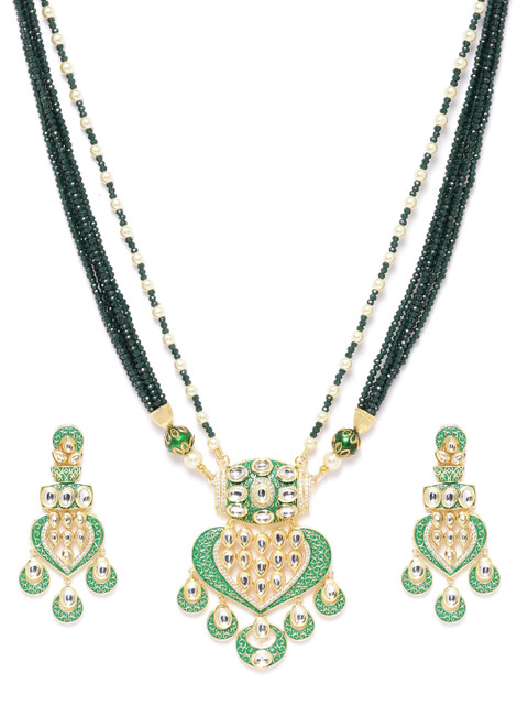 

Melani Borsa Green & Off-White Gold-Plated Kundan Studded & Beaded Jewellery Set