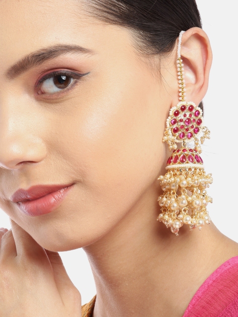 

Melani Borsa Magenta Gold-Plated Kundan Handcrafted Dome Shaped Jhumkas with Ear Chains