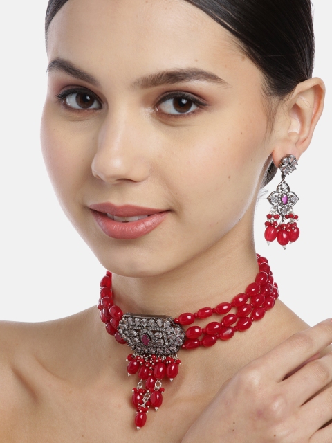 

Melani Borsa Red & Gunmetal-Toned Gold-Plated Kundan Studded & Beaded Jewellery Set