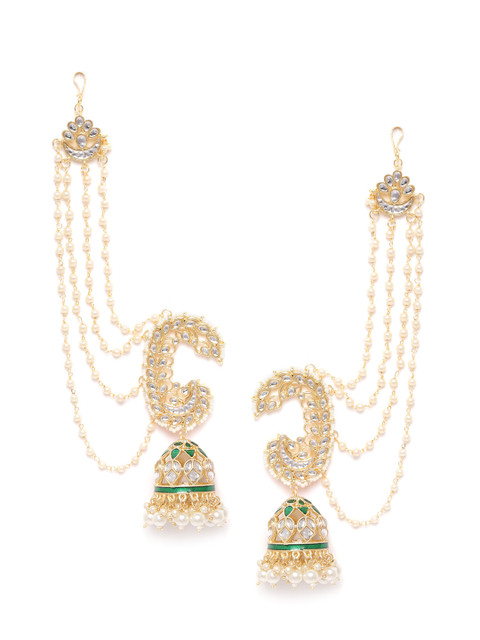 

Melani Borsa Green Gold-Plated Kundan Handcrafted Dome Shaped Jhumkas with Ear Chains