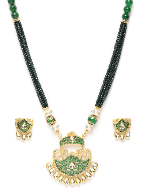

Melani Borsa Green Gold-Plated Kundan & Beaded Textured Enamelled Jewellery Set