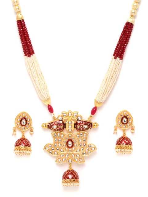 

Melani Borsa Maroon Gold-Plated Kundan Studded & Beaded Enamelled Jewellery Set