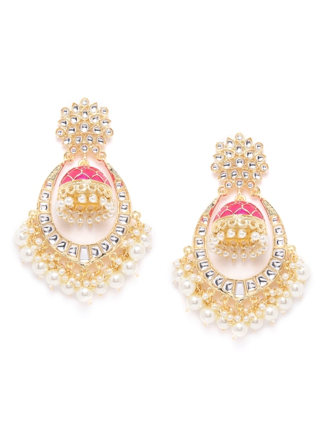

Melani Borsa Fuchsia & White Gold-Plated Kundan Enamelled Handcrafted Oval Drop Earrings