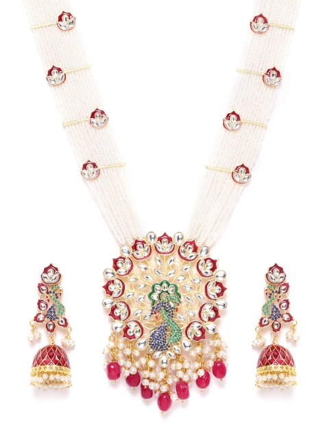 

Melani Borsa Off-White & Maroon Gold-Plated Kundan-Studded & Beaded Jewellery Set