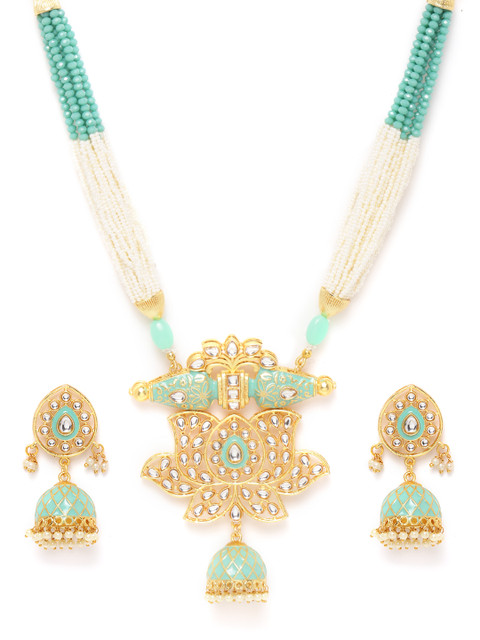 

Melani Borsa Sea Green Gold-Plated Kundan Studded & Beaded Enamelled Jewellery Set