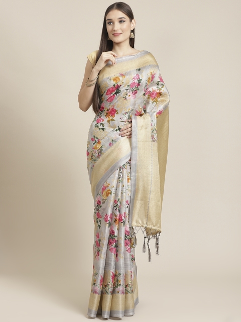 

7Rainbow Grey & Pink Floral Printed Mysore Silk Saree
