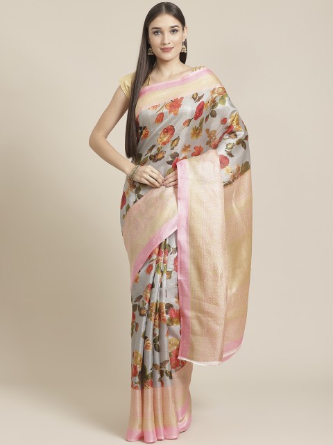 

7Rainbow Grey & Coral Red Floral Printed Mysore Silk Saree
