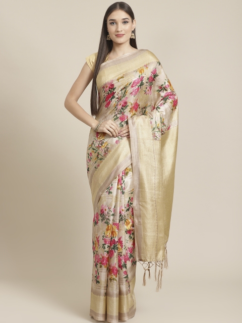 

7Rainbow Beige & Pink Floral Printed Mysore Silk Saree