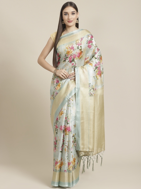 

7Rainbow Sea Green & Pink Floral Printed Mysore Silk Saree