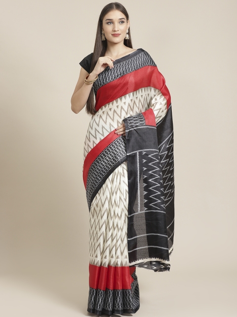 

7Rainbow Off-White & Black Chevron Print Mysore Silk Saree