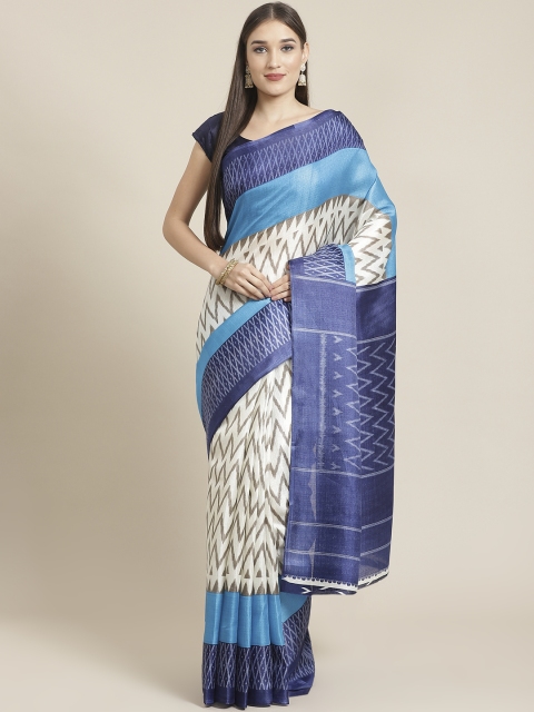 

7Rainbow White & Blue Ikat Printed Mysore Silk Saree