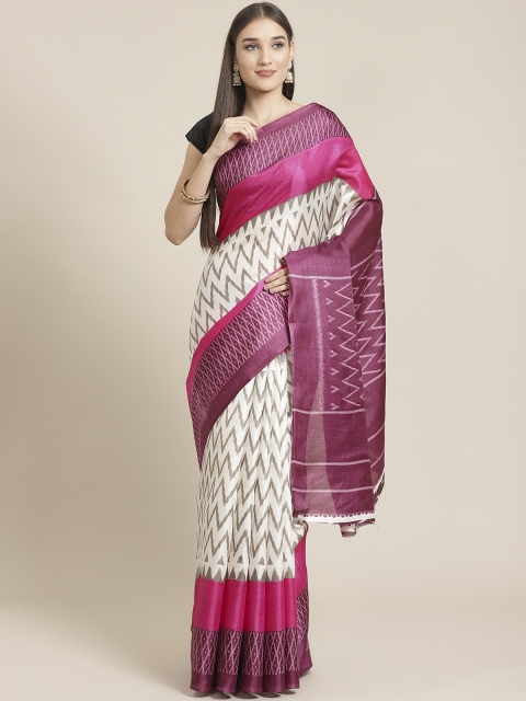 

7Rainbow Off-White & Magenta Chevron Printed Mysore Silk Saree