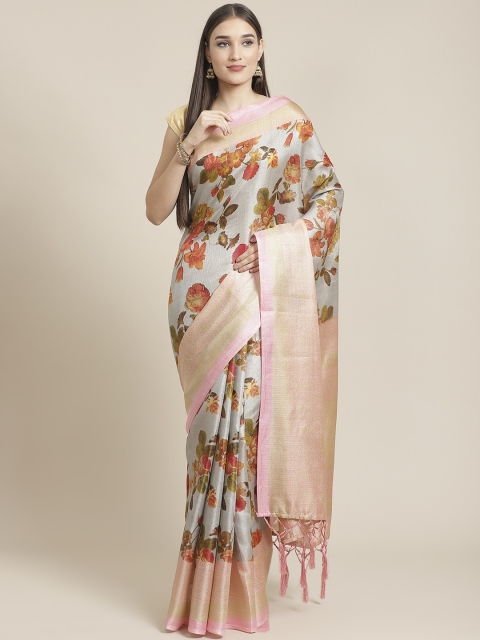 

7Rainbow Grey & Peach-Coloured Floral Printed Mysore Silk Saree