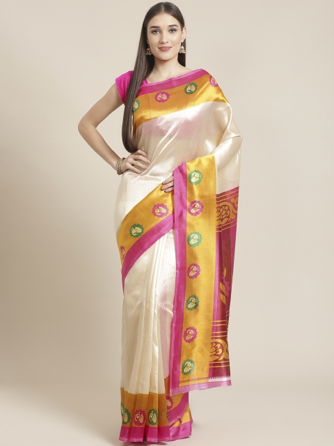 

7Rainbow Cream-Coloured & Pink Printed Mysore Silk Saree