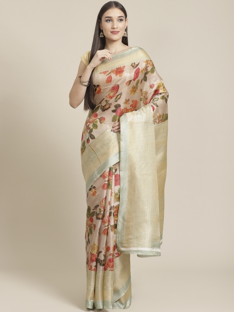 

7Rainbow Beige & Orange Floral Printed Mysore Silk Saree