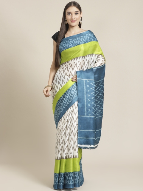 

7Rainbow White & Teal Green Ikat Printed Mysore Silk Saree