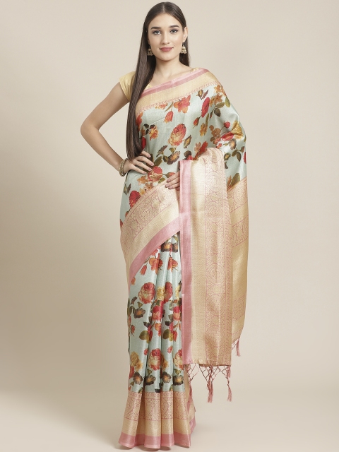 

7Rainbow Green & Red Floral Printed Mysore Silk Saree