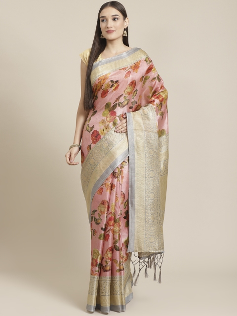 

7Rainbow Pink & Grey Floral Printed Mysore Silk Saree