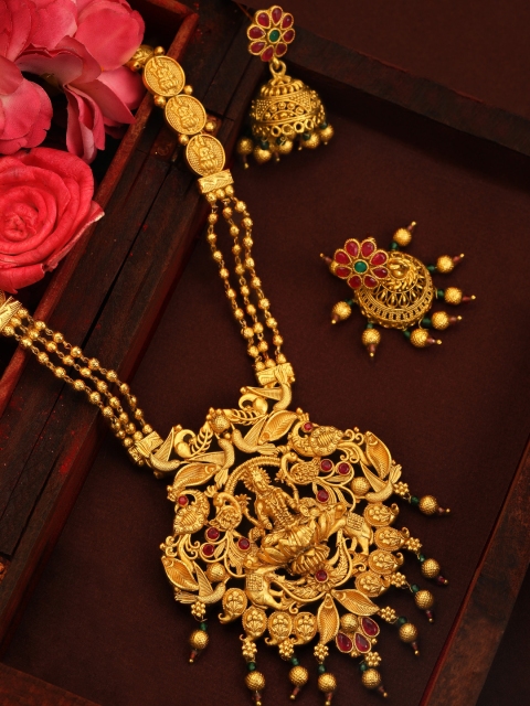 

Rubans 24K Gold-Plated Pink & Green Ruby & Stone Studded Filigree Handcrafted Jewellery Set