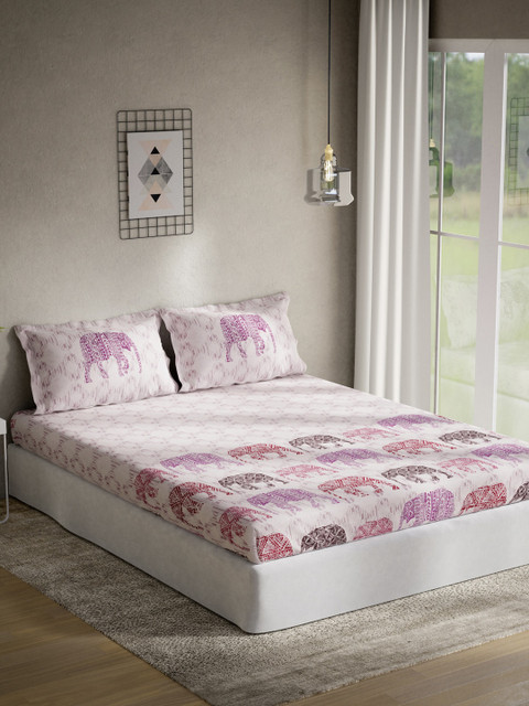 

DDecor Pink & Off-White Ethnic Print 1 King Bedsheet with 2 Pillow Covers