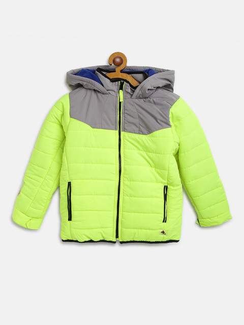 

Cherry Crumble Boys Fluorescent Green & Grey Colourblocked Hooded Padded Jacket