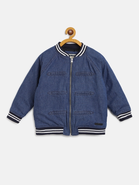 

Cherry Crumble Boys Blue Solid Denim Varsity Jacket