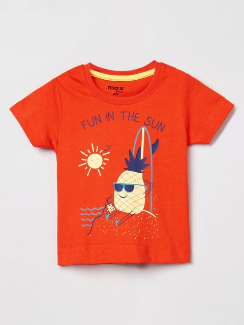

max Boys Orange Printed Round Neck Cotton T-shirt