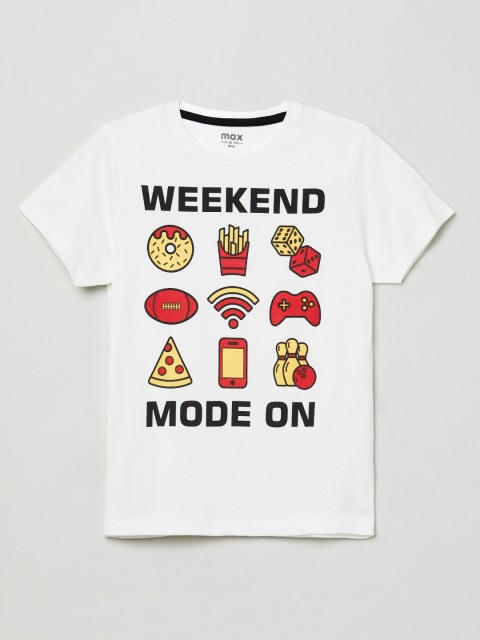 

max Boys White Printed Round Neck Cotton T-shirt