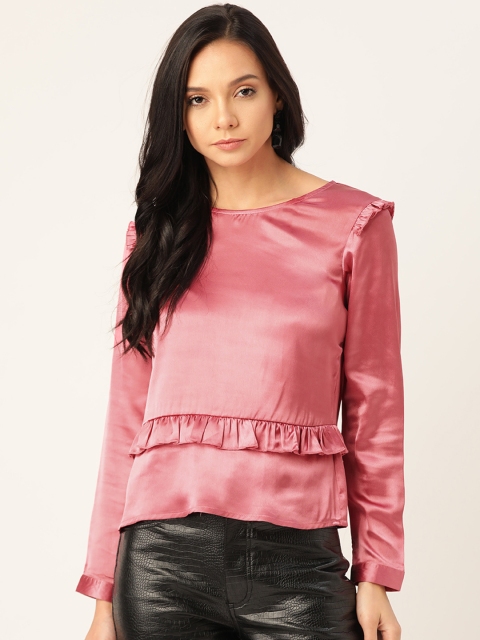 

DODO & MOA Women Pink Solid Satin Top With Ruffles