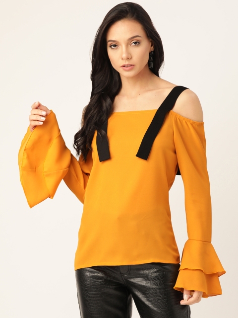 

DODO & MOA Women Mustard Yellow Solid Top With Cold Shoulder Sleeves