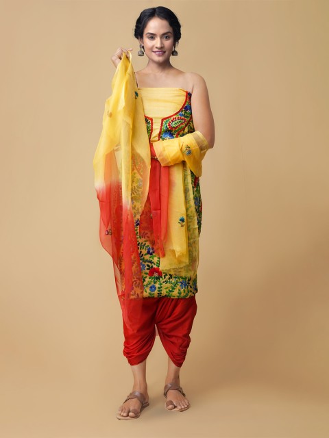 

Unnati Silks Women Yellow & Rust Orange Embroidered Unstitched Sustainable Dress Material