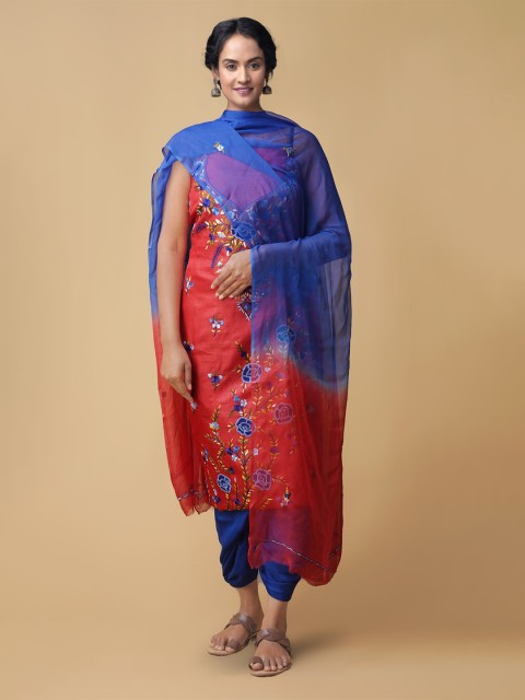 

Unnati Silks Women Red & Blue Embroidered Pure Hand-loom Phulkari Unstitched Dress Material