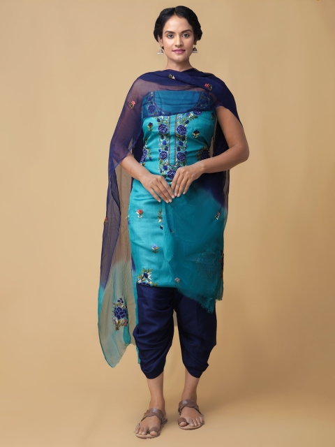 

Unnati Silks Women Blue Handloom Embroidered Tussar Silk Unstitched Dress Material, Teal