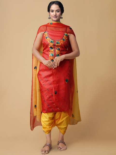 

Unnati Silks Women Red & Yellow Embridered Unstitched Dress Material