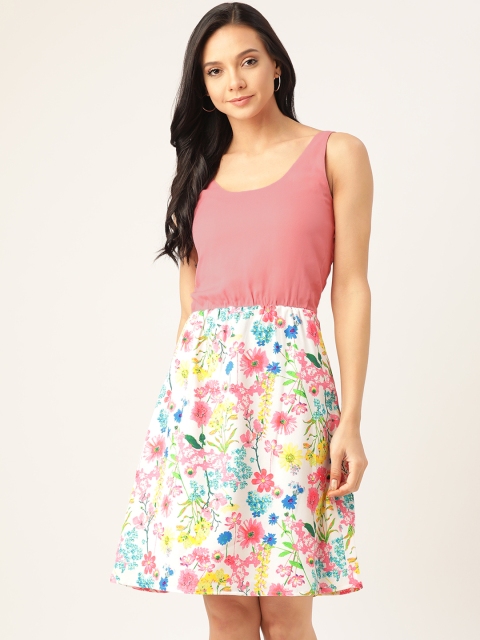 

DODO & MOA Women Pink & Off-White Floral Printed A-Line Dress