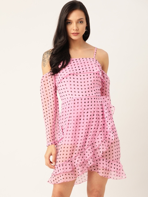 

DODO & MOA Women Pink & Black Polka Dots Printed A-Line Dress With Ruffles